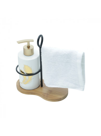 Set c/3pcs Porta Sabonete Liquido c/ toalha e Suporte Cerâmica Leave Branco - Urban