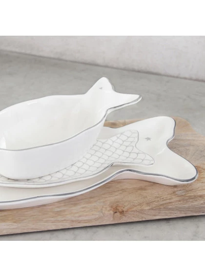 Prato de Peixe Branco Quadriculado com Linhas Cinzas - Bastion