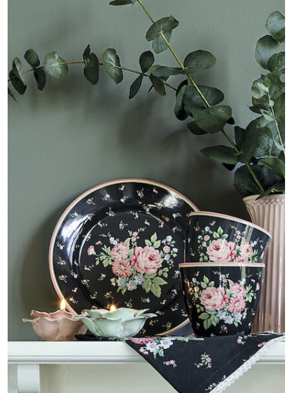 Prato de Sobremesa Cinza Escuro Com Flores